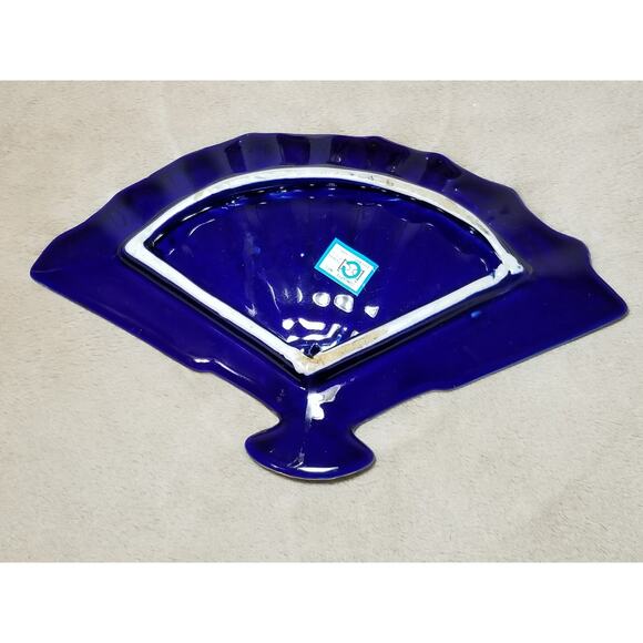 Asian Fan Blue Cobalt Candy Dish Gold Trim 10" Cherry Blossom Ceramic - Picture 5 of 8